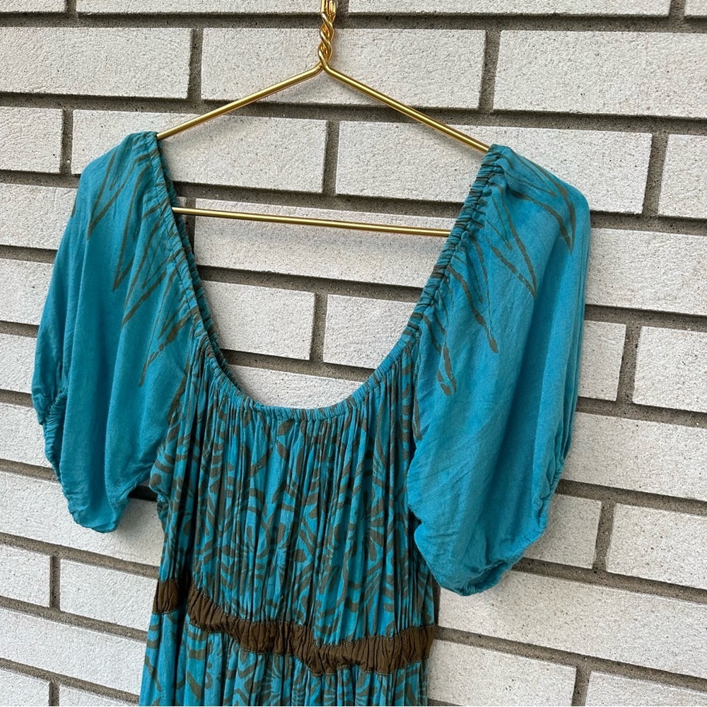 Lotus Traders Boho Blue Brown Puff Sleeve Renaissance Maxi Dress OS Fairycore - Picture 10 of 11